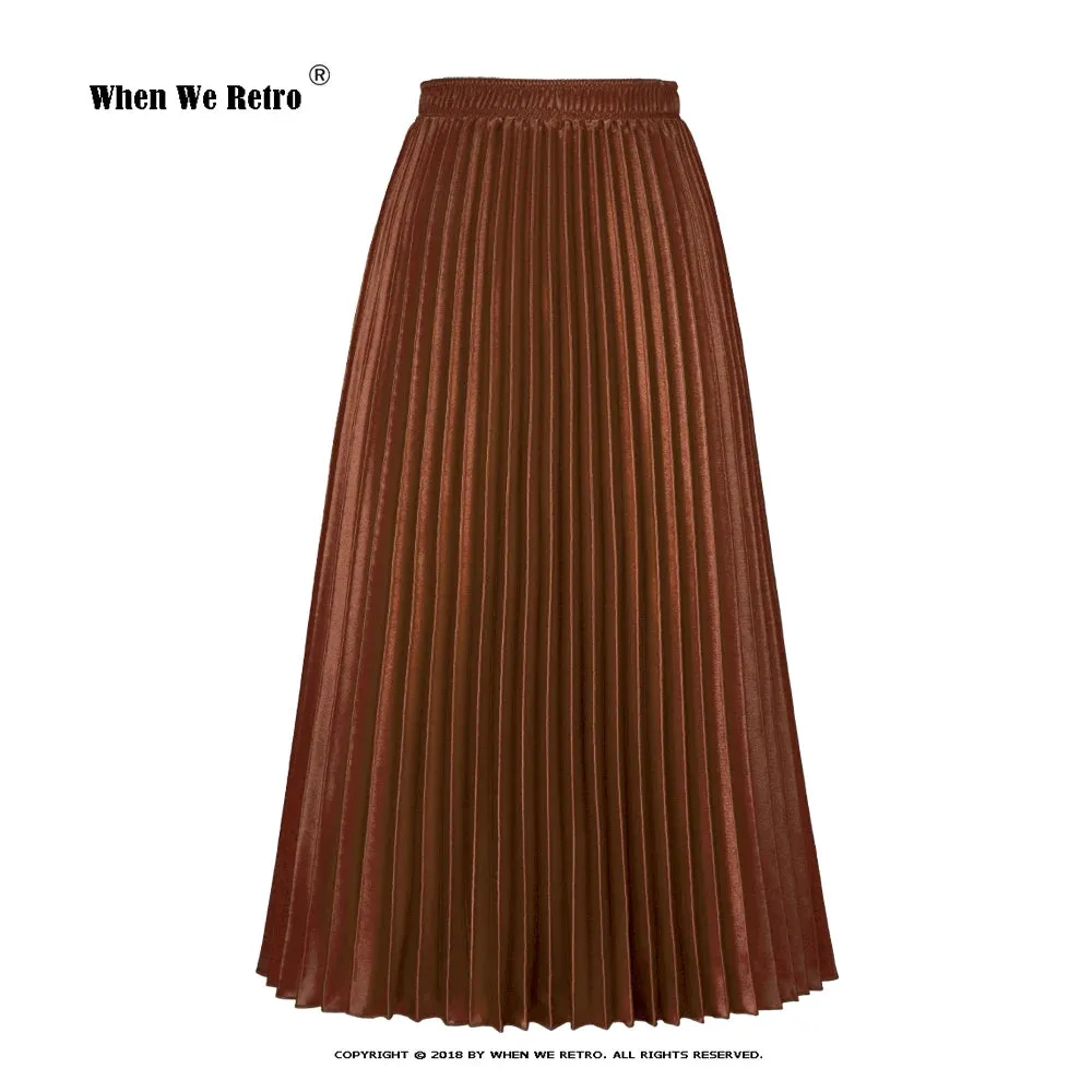 Korean Women Fashion Pleated Satin Long Skirt Autumn High Waist Metallic Purple Green Yellow Red Skirts All-match Saia SS0036