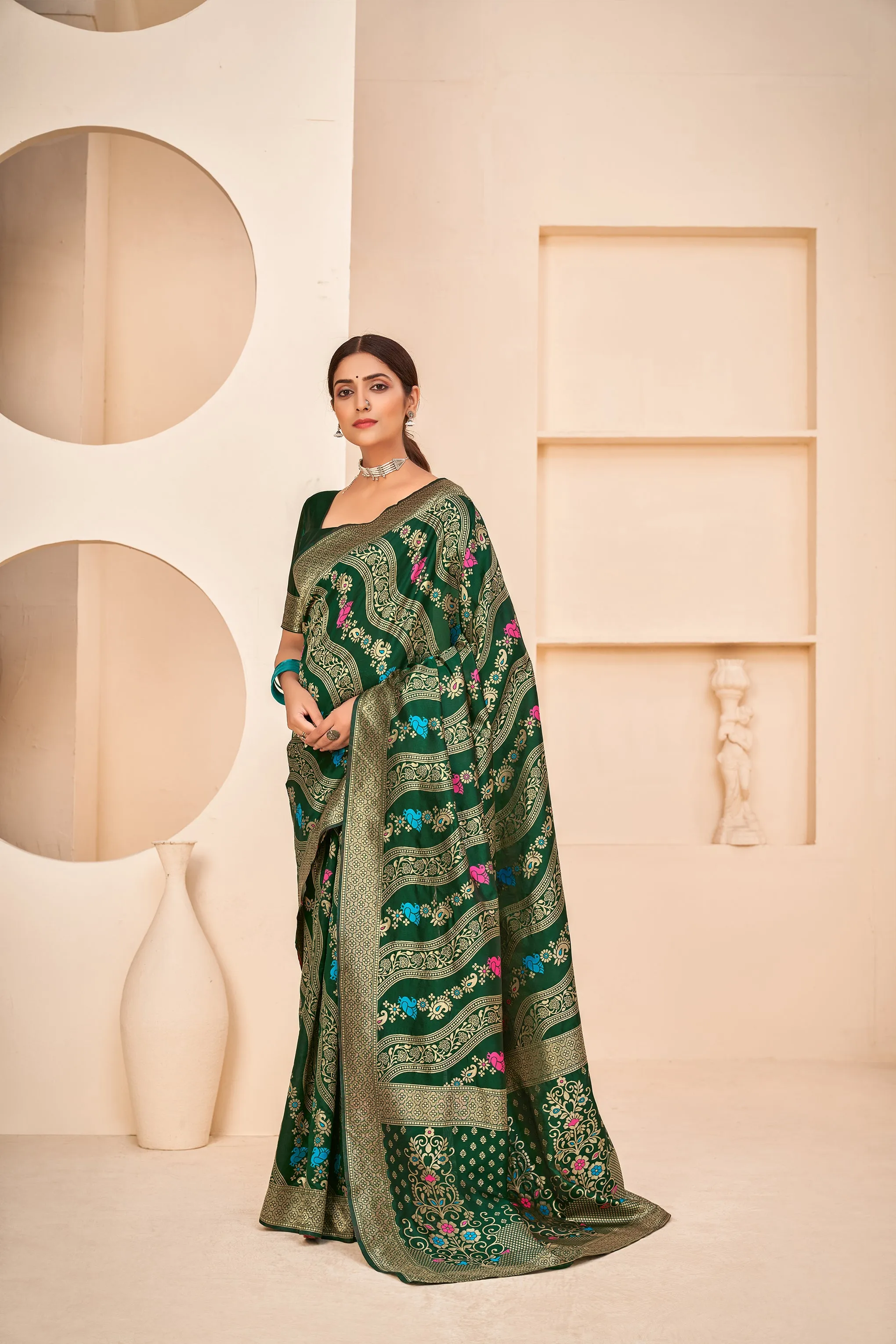 Lavish Half Sleeves Blouse Dark Green Color Banarasi Silk Fabric Saree