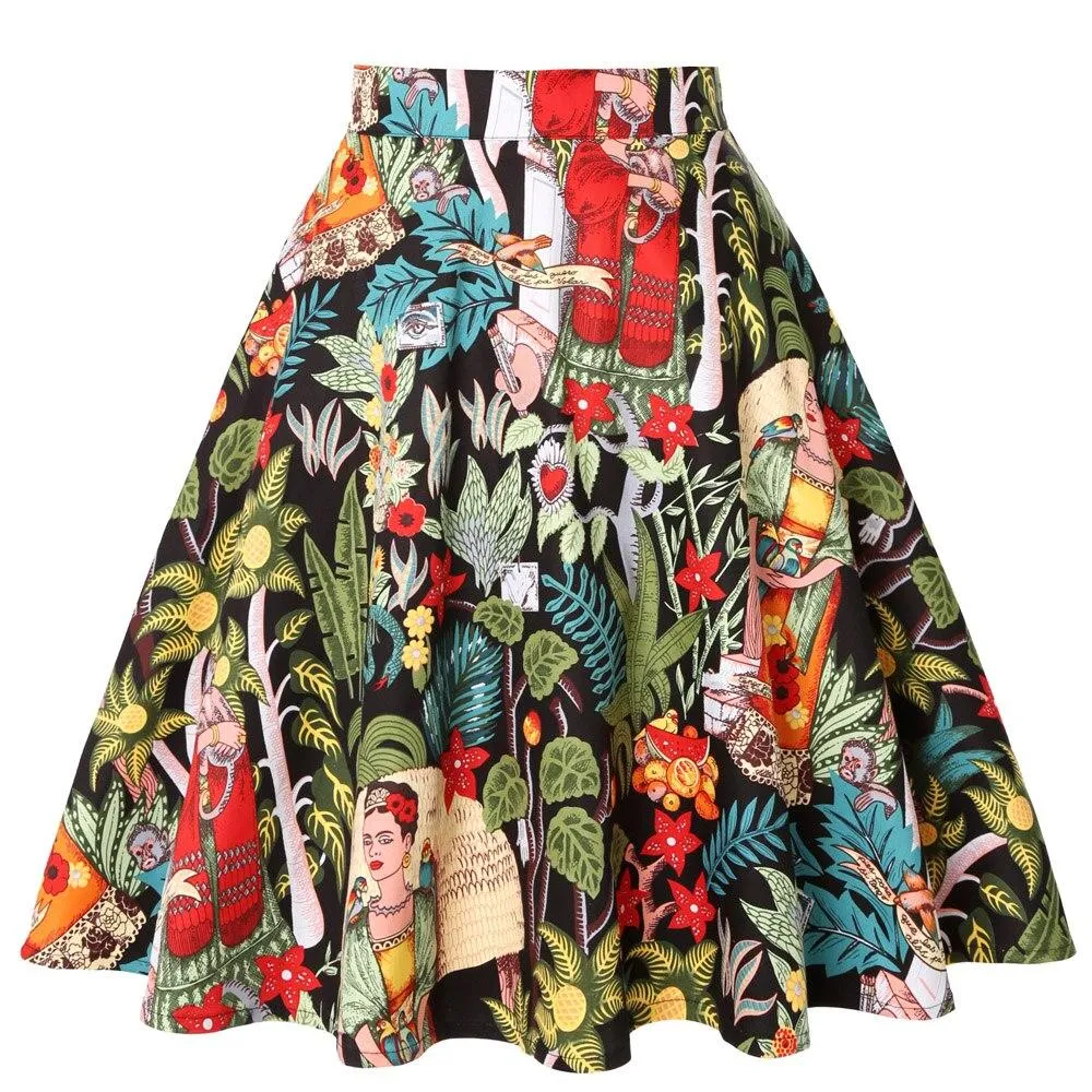 Leopard Print High Waist Skirt Pleated Women Flared Runway Midi Skirt Fashion Cotton Swing Rockabilly Party Skirts Gothic