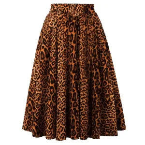 Leopard Print High Waist Skirt Pleated Women Flared Runway Midi Skirt Fashion Cotton Swing Rockabilly Party Skirts Gothic