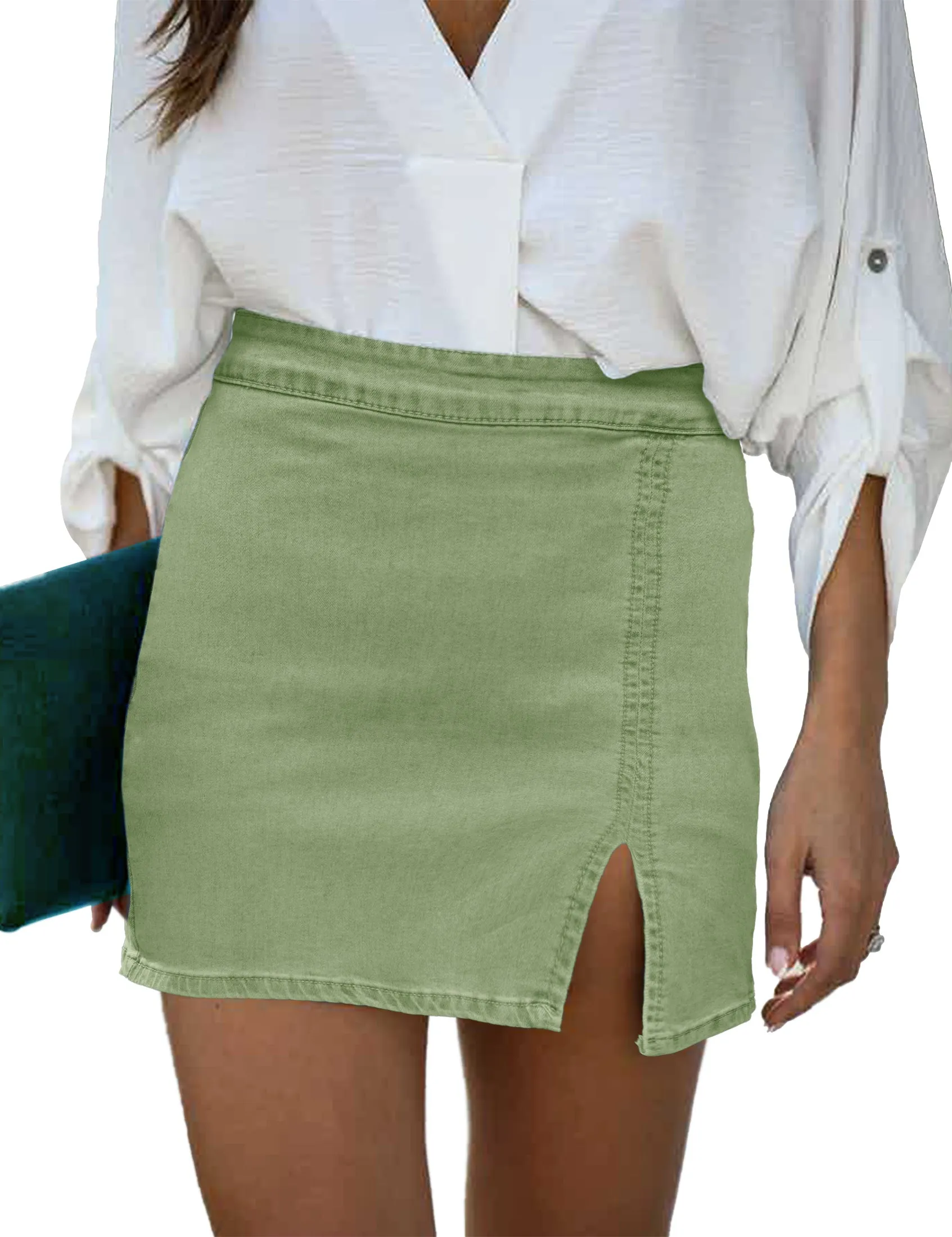 Light Green Women's Brief Pencil High Waist Bodycon Denim Mini Slit Skirts