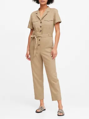 Linen-Cotton Utility Jumpsuit In Sand Khaki