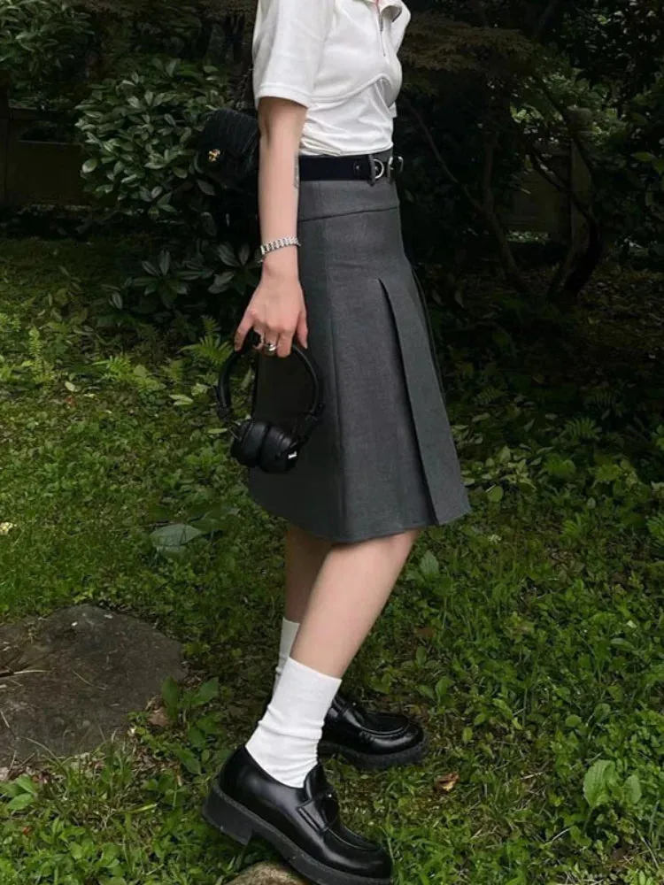 Loose Style Waist Summer Folds Street Casual Solid Pleated Preppy Skirt