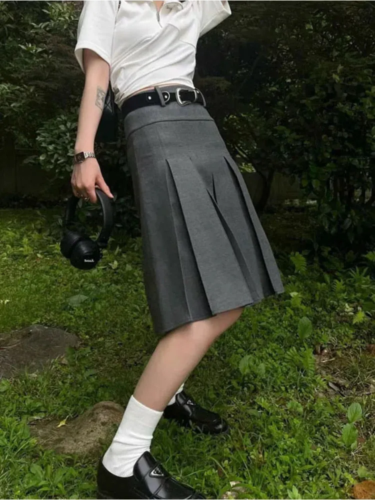 Loose Style Waist Summer Folds Street Casual Solid Pleated Preppy Skirt