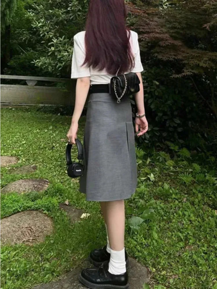 Loose Style Waist Summer Folds Street Casual Solid Pleated Preppy Skirt