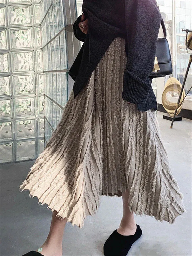 Loose Waist Broken Casual High Knit A-line Knitwear Designer Pleated Skirt