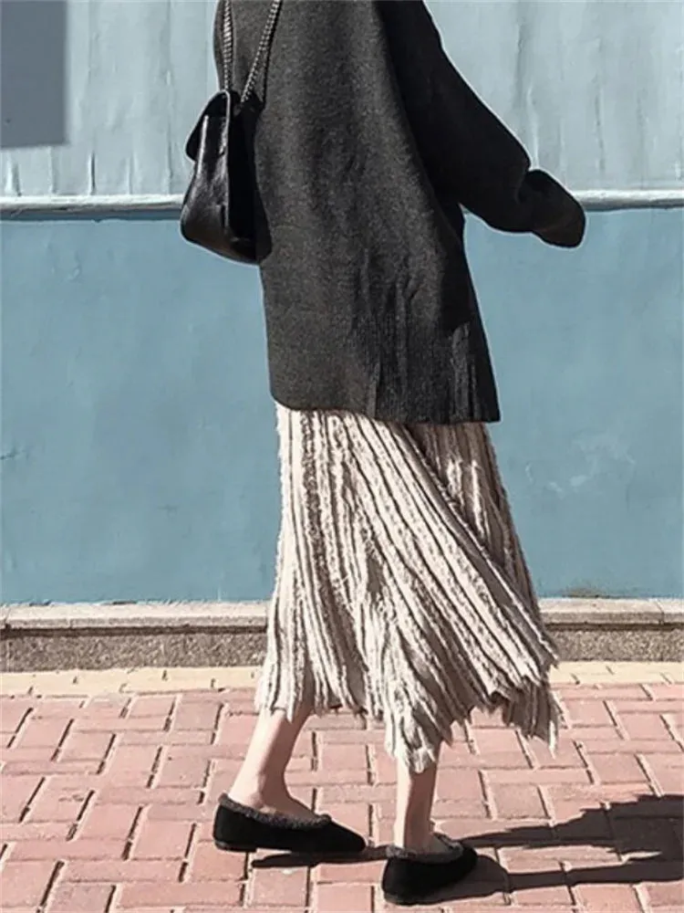 Loose Waist Broken Casual High Knit A-line Knitwear Designer Pleated Skirt