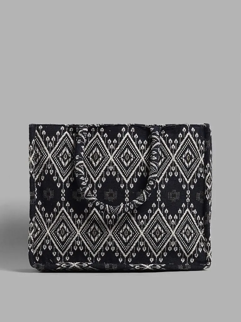 LOV Charcoal & White Jacquard Embroidered Tote Bag