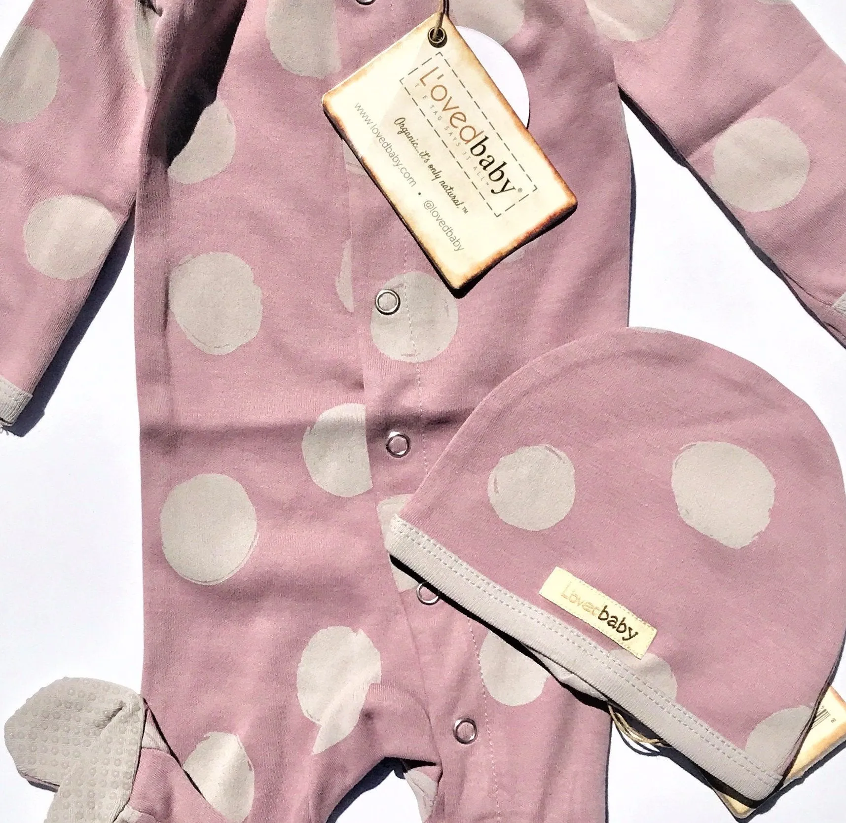 L'ovedbaby 2Pc la-di-dots Footed Overall and Cap Lavender/Light Gray 100% Organic Cotton