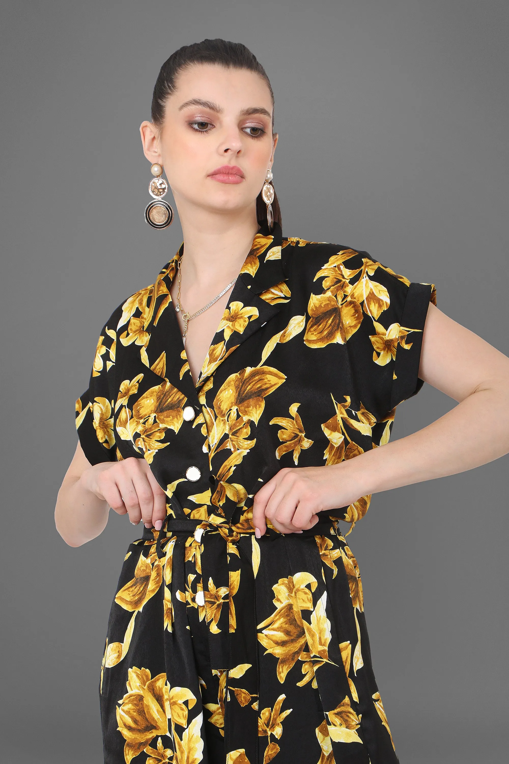 Luna Floral Black And Gold Printed Jumpsuit