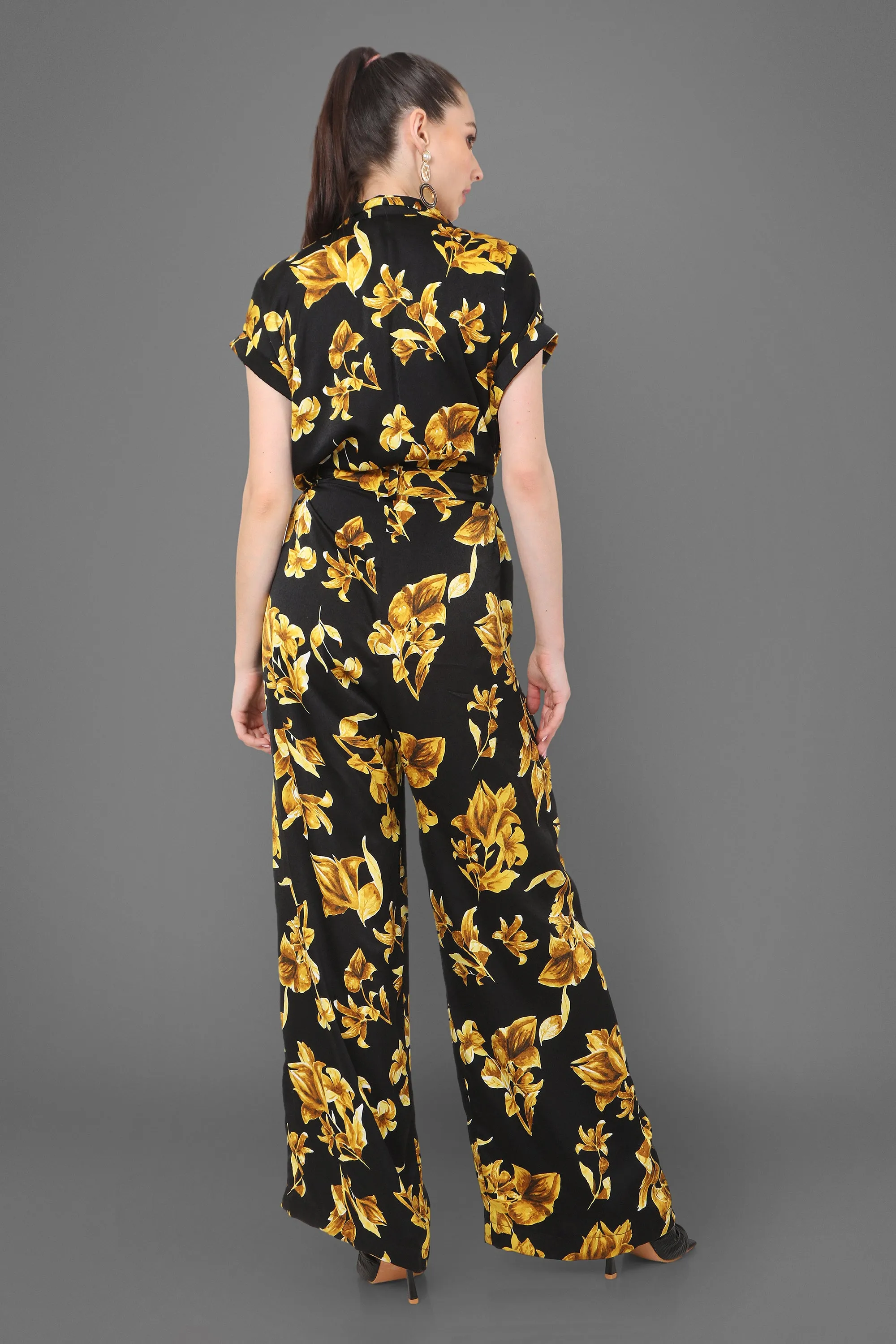 Luna Floral Black And Gold Printed Jumpsuit