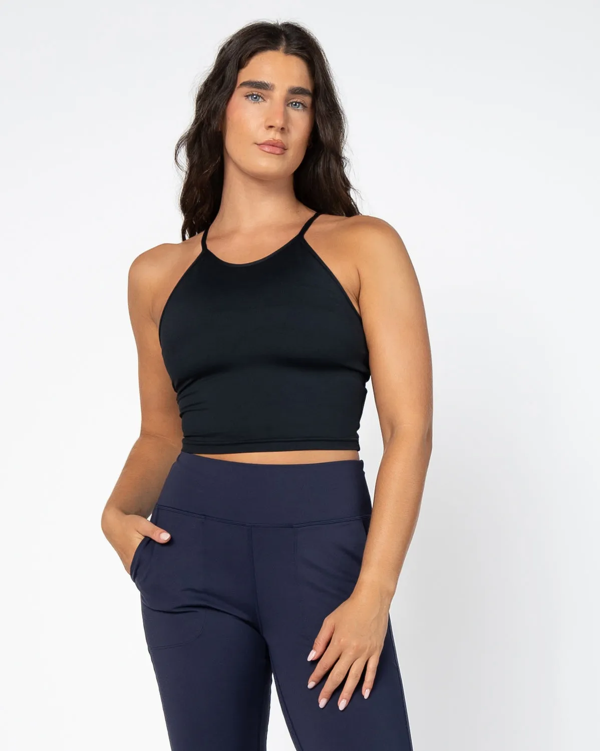 Lux Thin Strap Crop Tank - Black