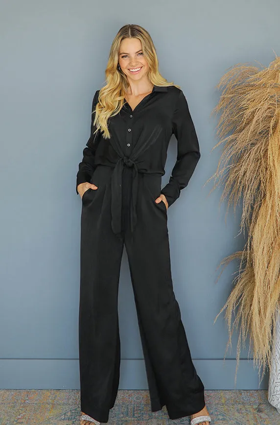 Madeline Black Satin Jumpsuit - Nursing Friendly - FINAL SALE - FINAL FEW