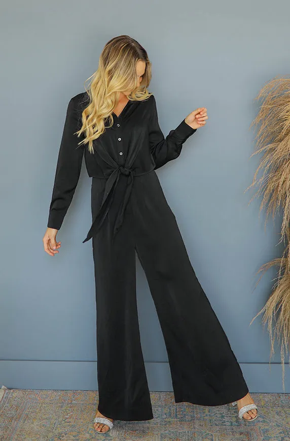 Madeline Black Satin Jumpsuit - Nursing Friendly - FINAL SALE - FINAL FEW