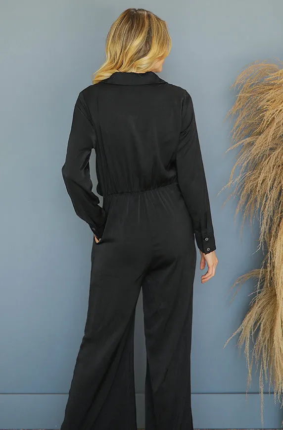 Madeline Black Satin Jumpsuit - Nursing Friendly - FINAL SALE - FINAL FEW