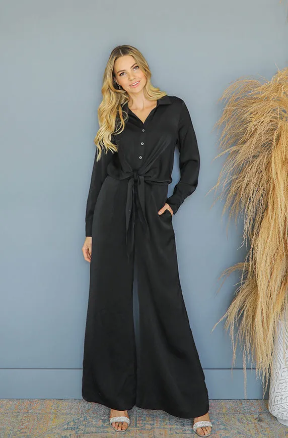 Madeline Black Satin Jumpsuit - Nursing Friendly - FINAL SALE - FINAL FEW