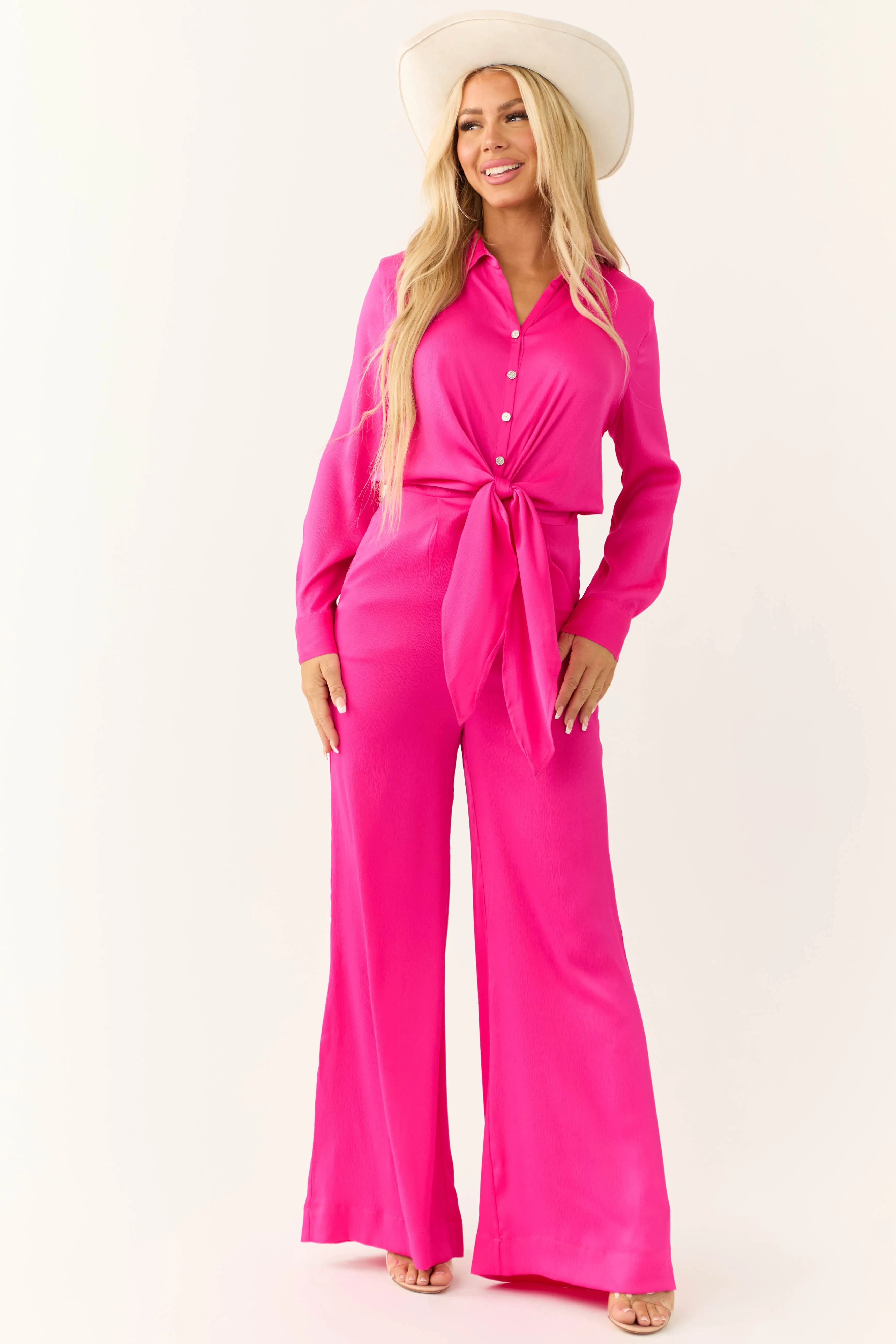 Magenta Button Up Collared Front Tie Jumpsuit