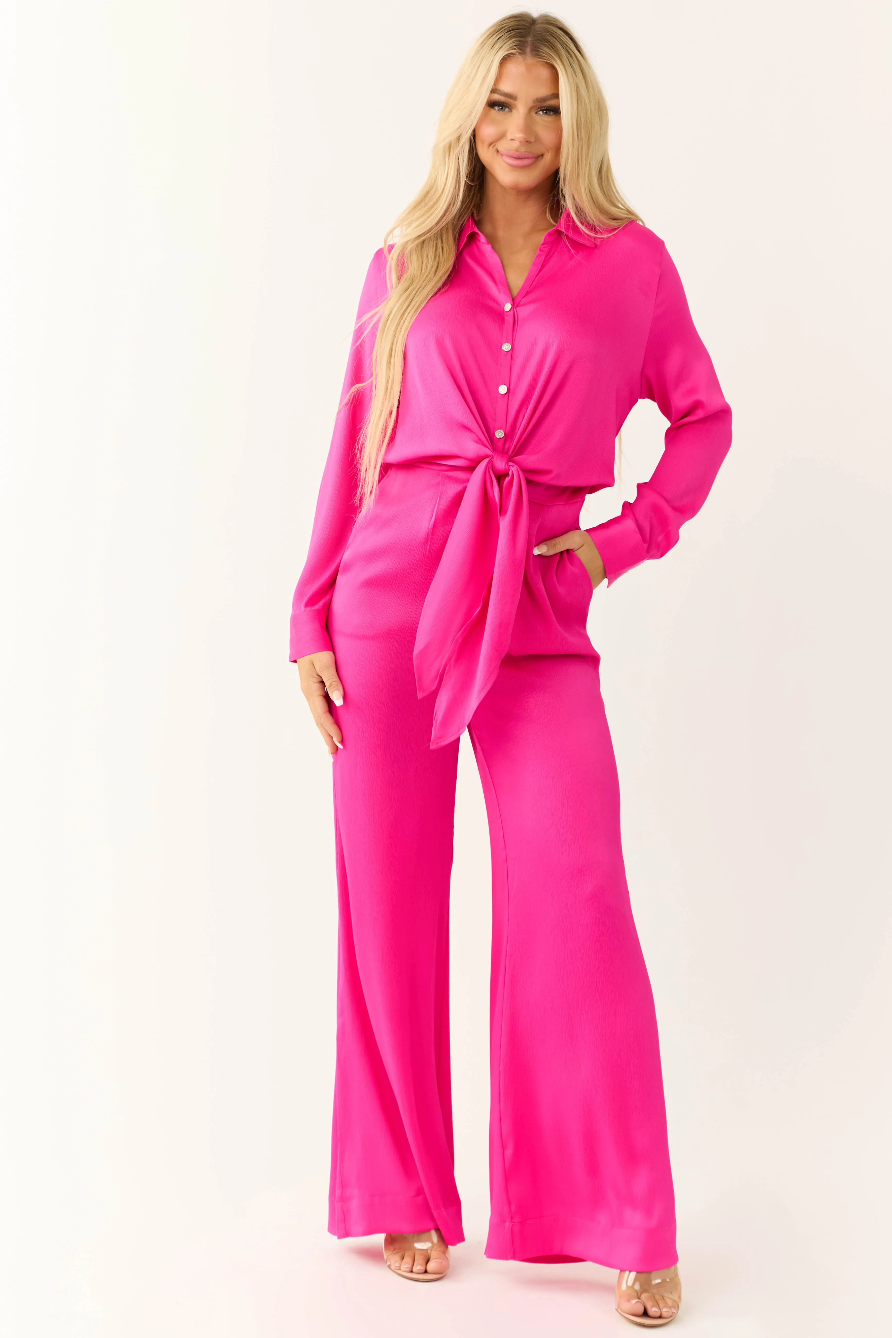 Magenta Button Up Collared Front Tie Jumpsuit