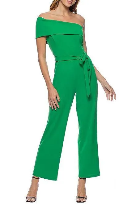 Marina One-Shoulder Stretch Crepe Foldover Neck Belted Waist Tie Jumpsuit