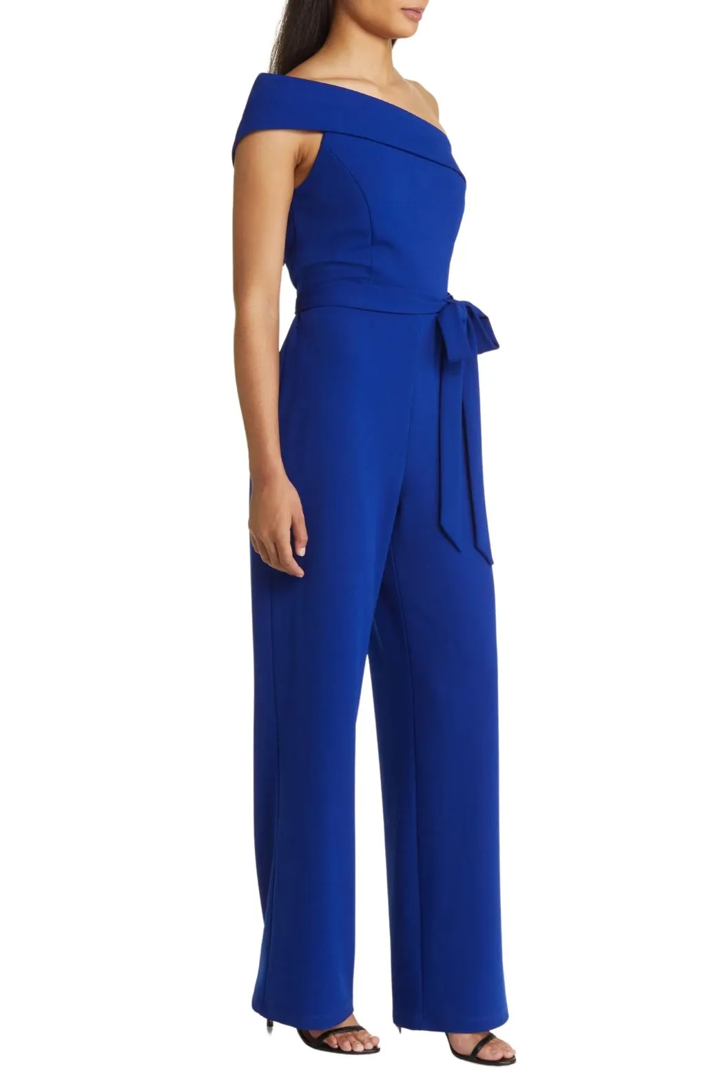 Marina One-Shoulder Stretch Crepe Foldover Neck Belted Waist Tie Jumpsuit