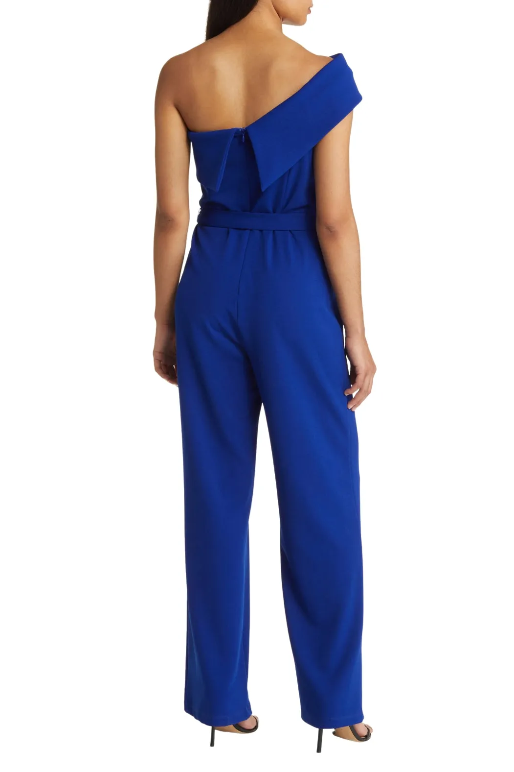 Marina One-Shoulder Stretch Crepe Foldover Neck Belted Waist Tie Jumpsuit