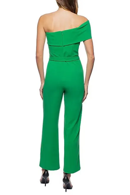 Marina One-Shoulder Stretch Crepe Foldover Neck Belted Waist Tie Jumpsuit