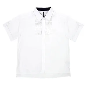 Marla Short Sleeve Button Down with Laser Cut Detail - White