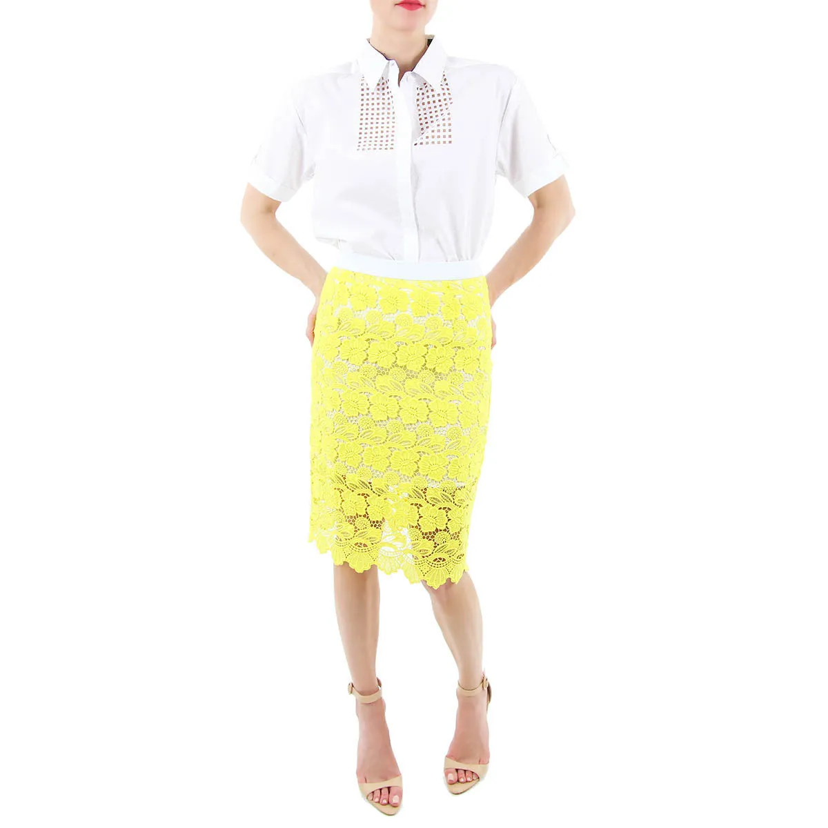 Marla Short Sleeve Button Down with Laser Cut Detail - White