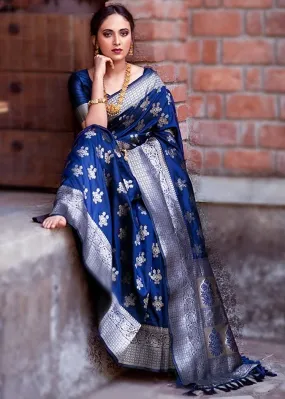 Marvelous Navy Blue Pure Banarasi Silk Saree with Magnetic Blouse Piece