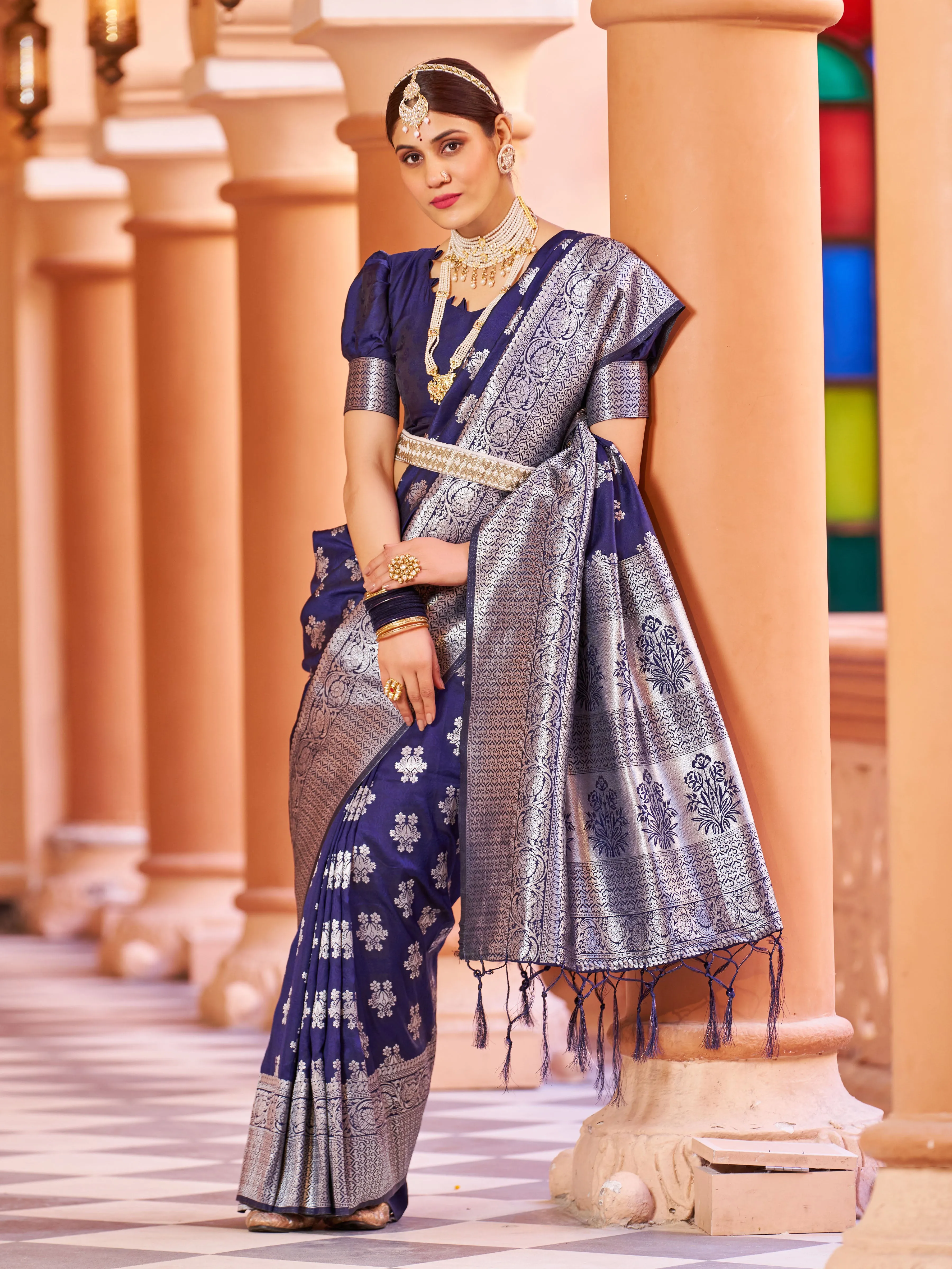 Marvelous Navy Blue Pure Banarasi Silk Saree with Magnetic Blouse Piece