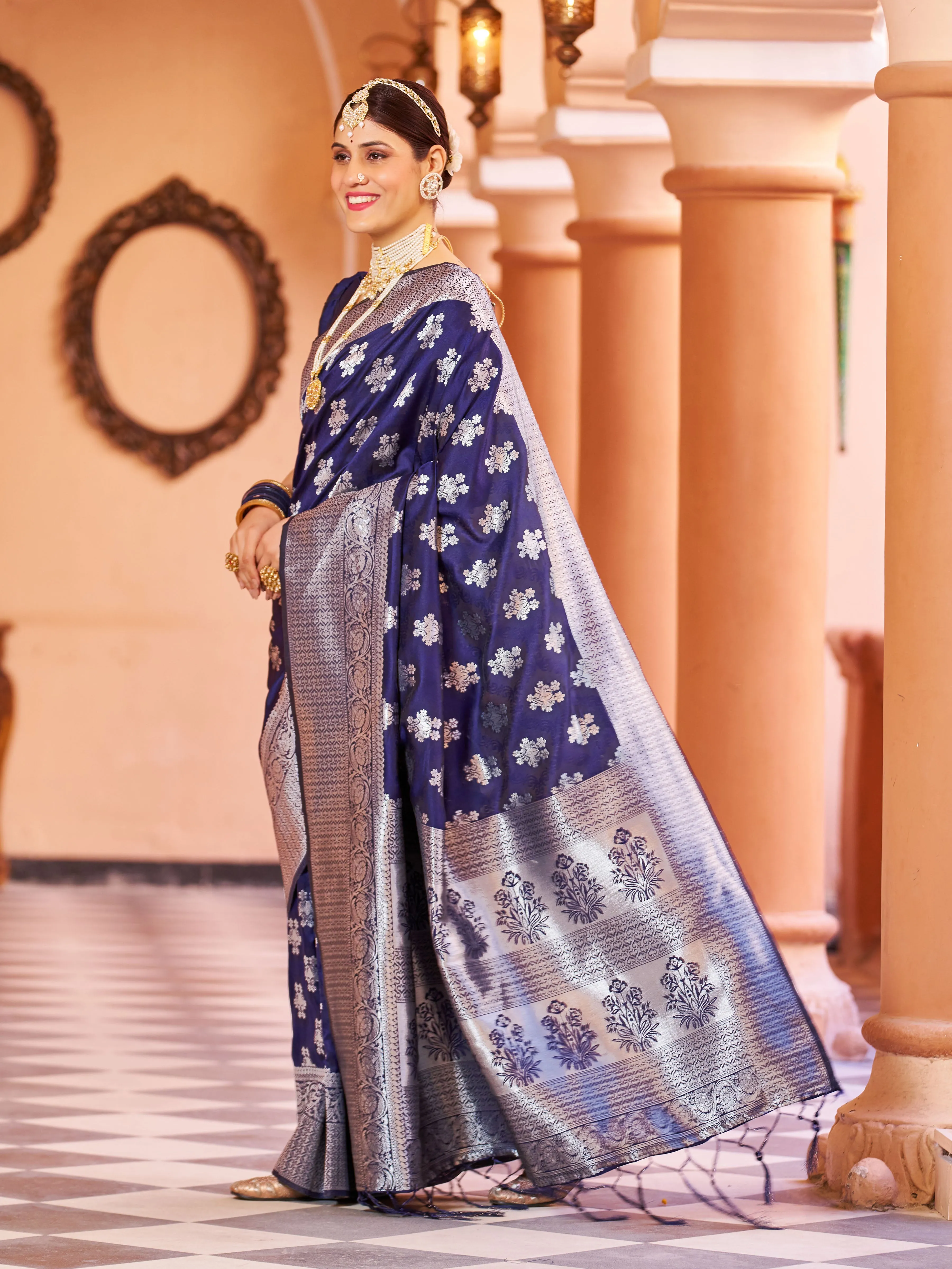 Marvelous Navy Blue Pure Banarasi Silk Saree with Magnetic Blouse Piece