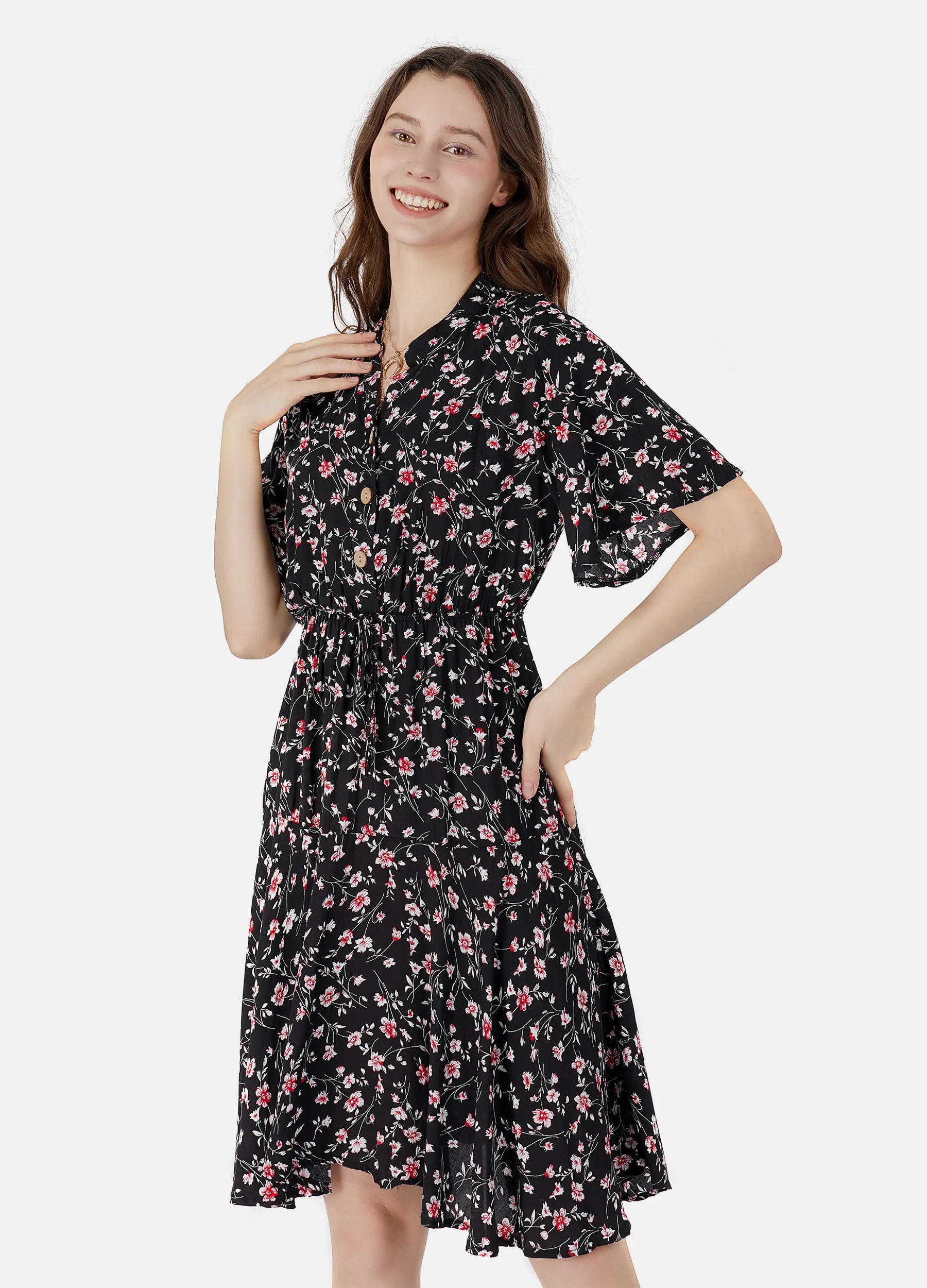 MECALA Women's Ditsy Floral Print Short Sleeve Drawstring Waist Pleated Dress