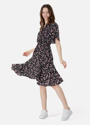 MECALA Women's Ditsy Floral Print Short Sleeve Drawstring Waist Pleated Dress