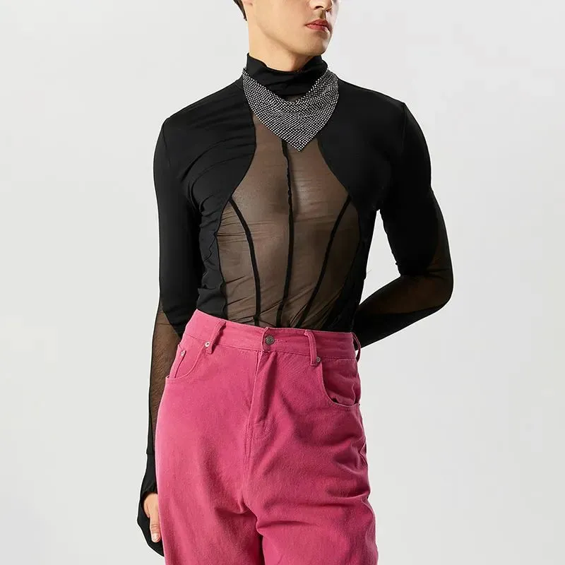 Mesh Patchwork Turtleneck Gloves Bodysuit