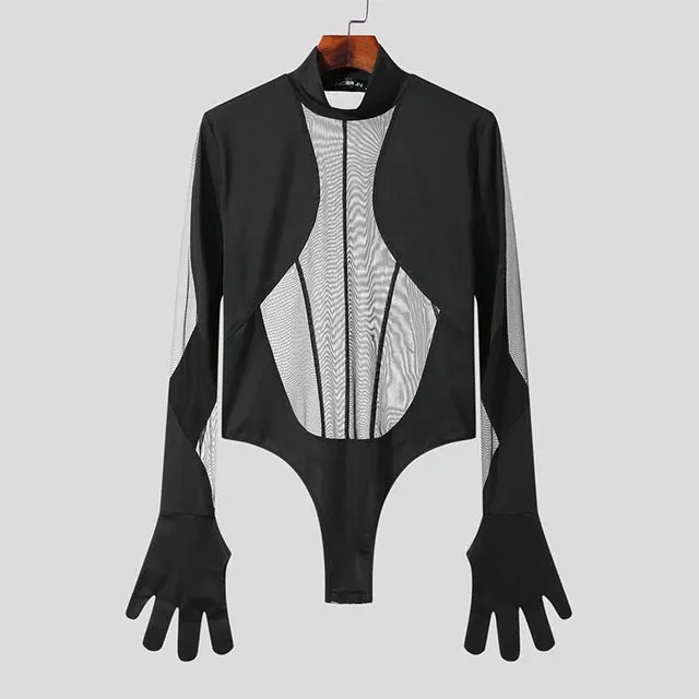 Mesh Patchwork Turtleneck Gloves Bodysuit