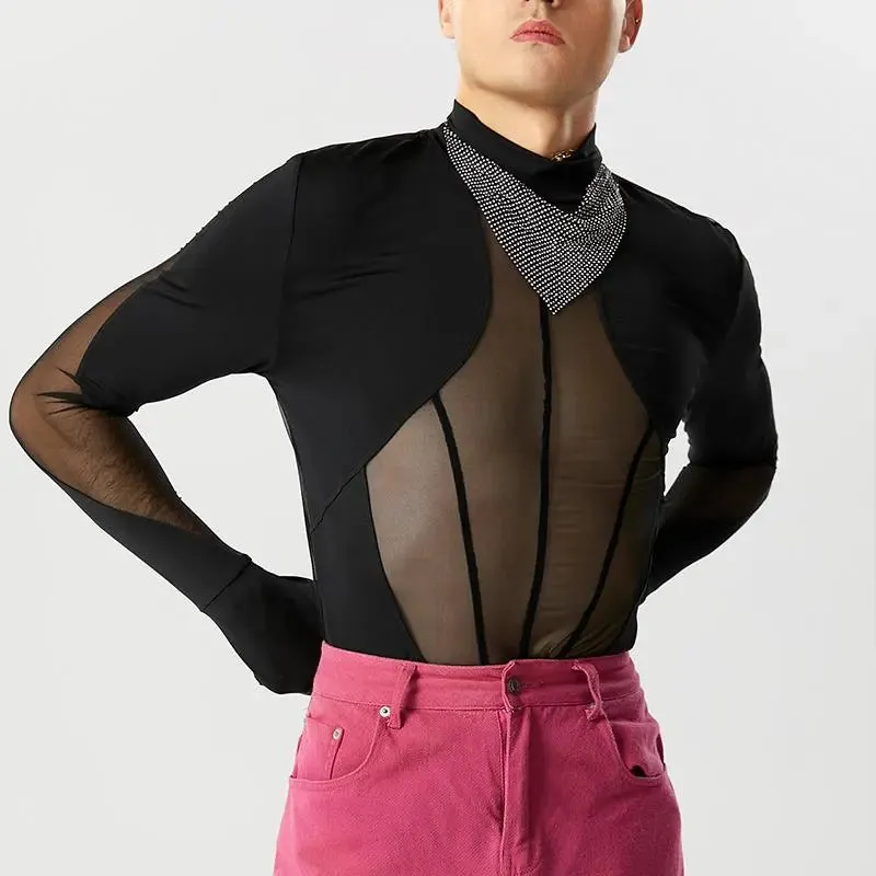 Mesh Patchwork Turtleneck Gloves Bodysuit