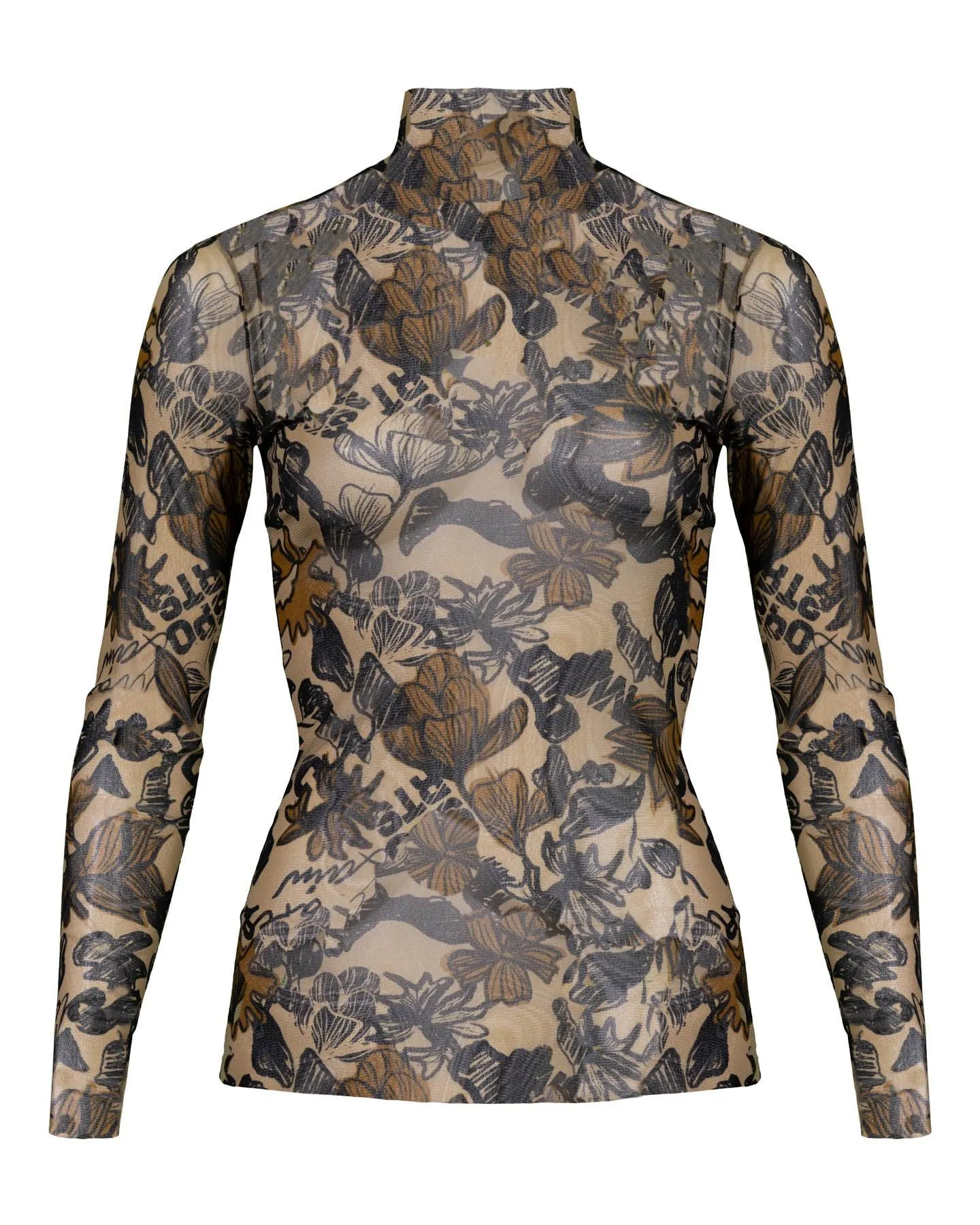 Mesh Tattoo Flower Print Turtleneck