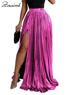 Metallic Maxi Skirts Women High Waist Split Pleated A-Line Long Skirt Birthday Party Night Prom Jupe Longues Y2K Femme