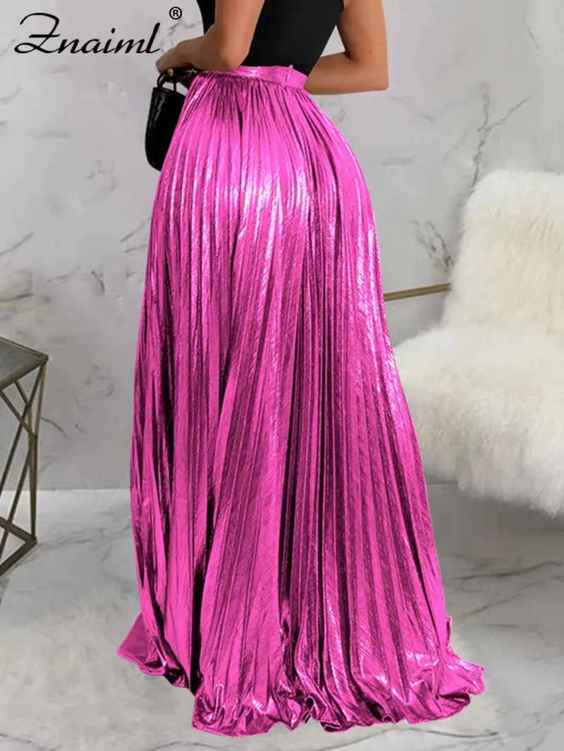 Metallic Maxi Skirts Women High Waist Split Pleated A-Line Long Skirt Birthday Party Night Prom Jupe Longues Y2K Femme