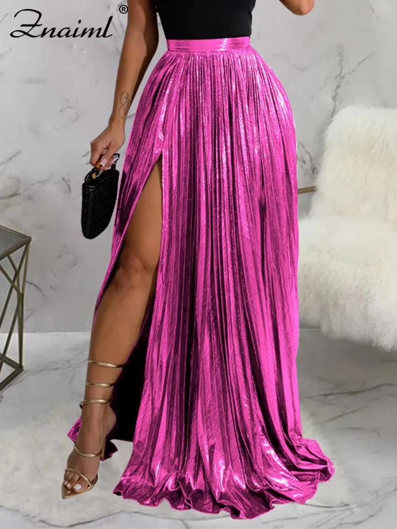 Metallic Maxi Skirts Women High Waist Split Pleated A-Line Long Skirt Birthday Party Night Prom Jupe Longues Y2K Femme