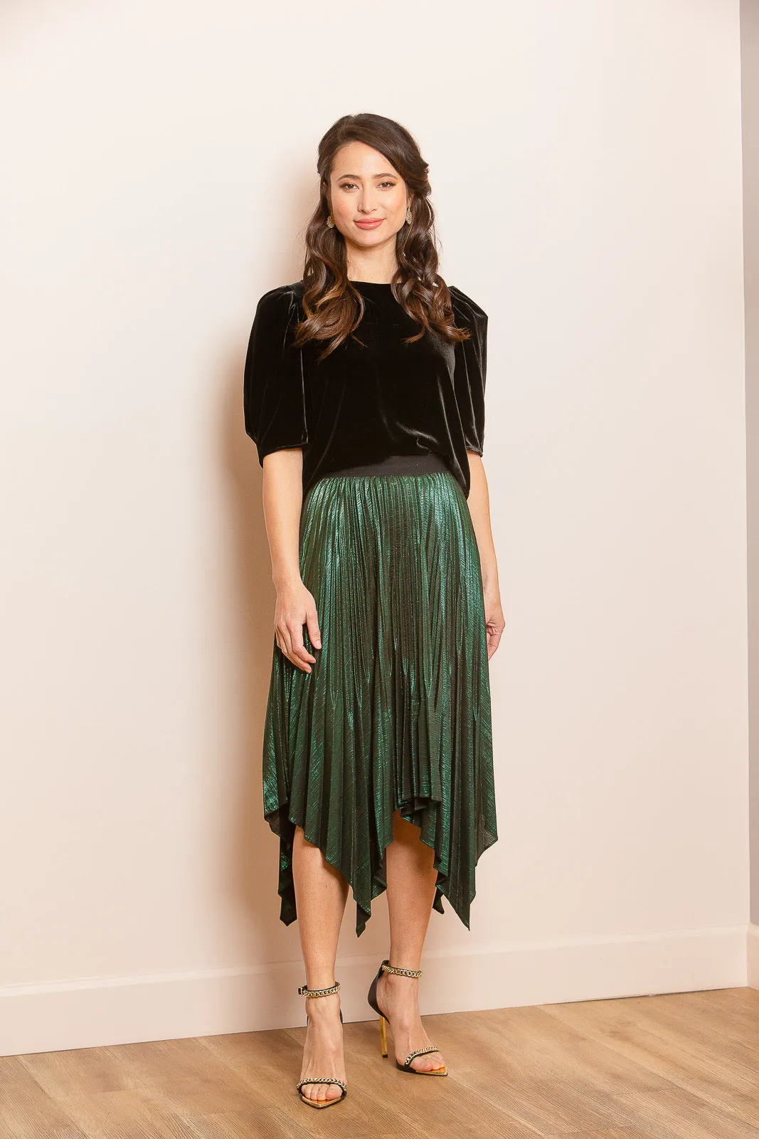 Metallic Pleated Skirt with Asymmetrical Hem in Green