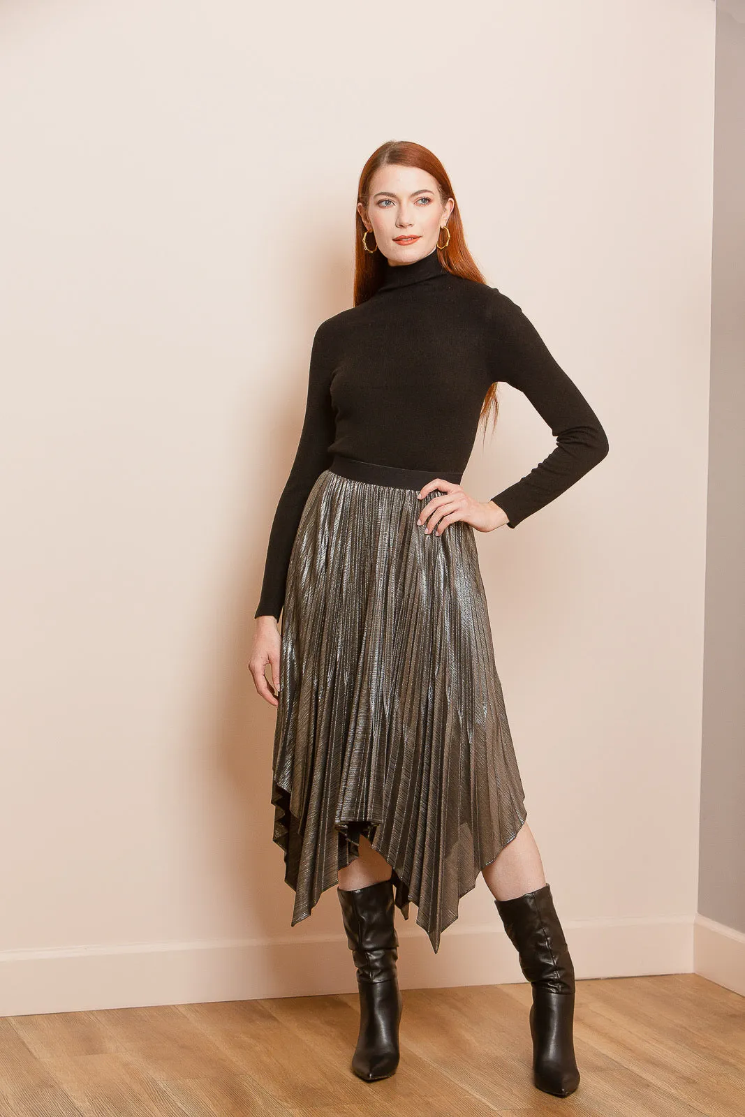 Metallic Pleated Skirt with Asymmetrical Hem