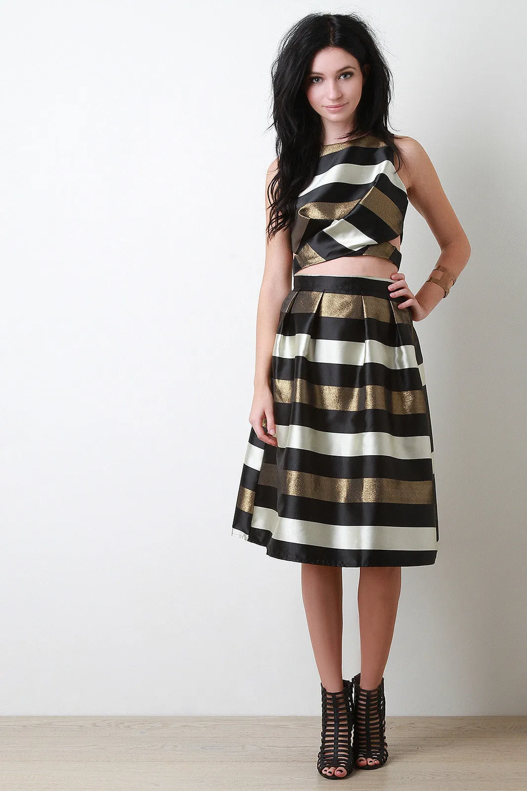 Metallic Stripe Pleated Midi Skirt