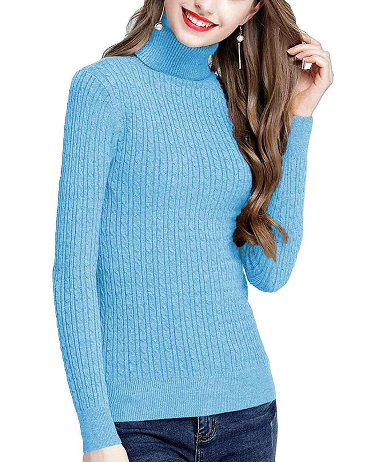 MFrannie Womens Twist Ribbed Cable Stretchy Fit Knit Turtleneck Sweater