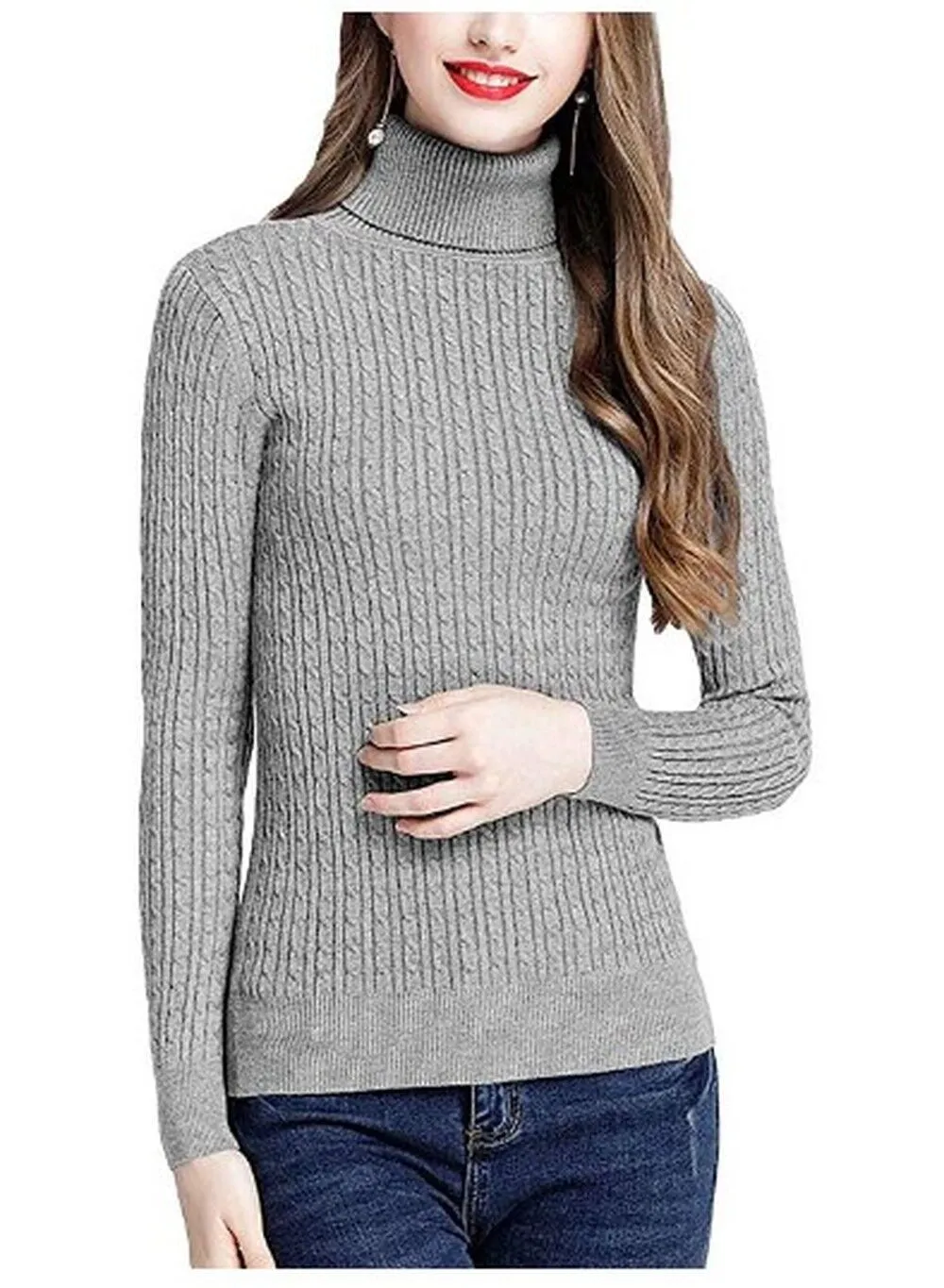 MFrannie Womens Twist Ribbed Cable Stretchy Fit Knit Turtleneck Sweater