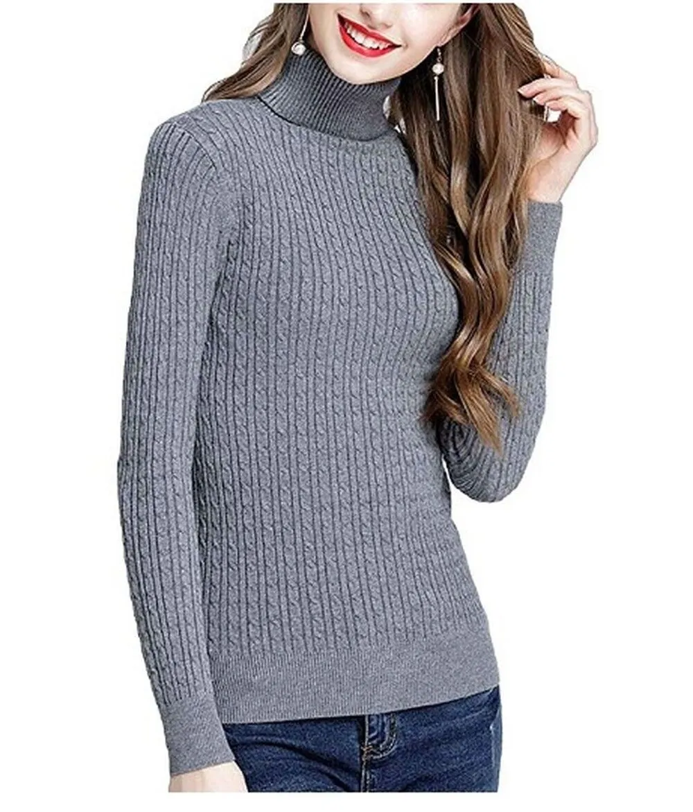 MFrannie Womens Twist Ribbed Cable Stretchy Fit Knit Turtleneck Sweater