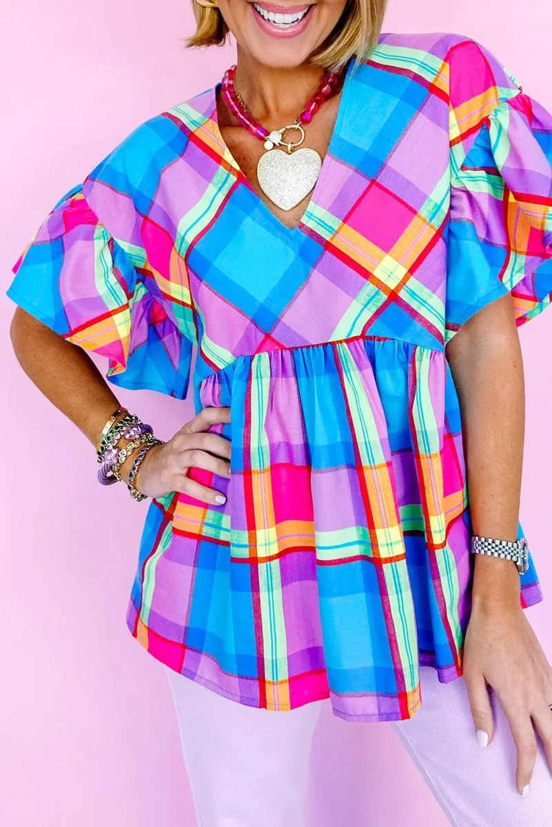 Misty Blue Plaid Multicolor Ruffled Blouse