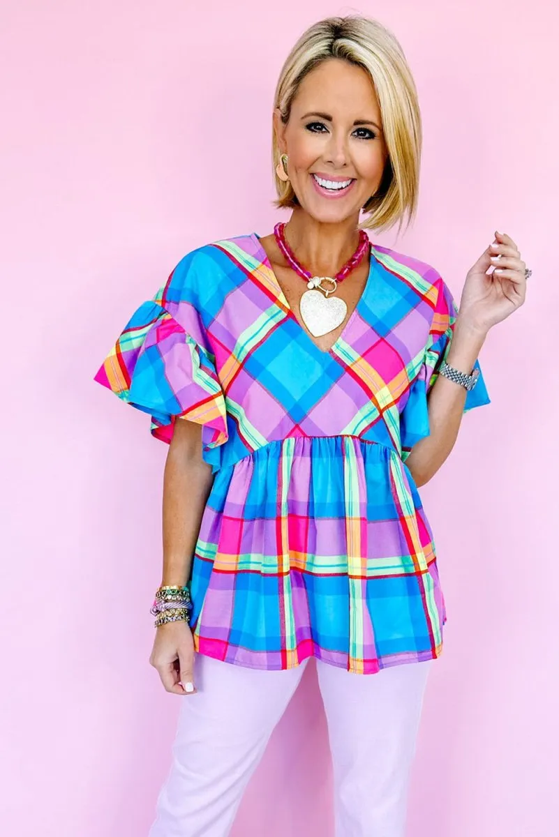 Misty Blue Plaid Multicolor Ruffled Blouse