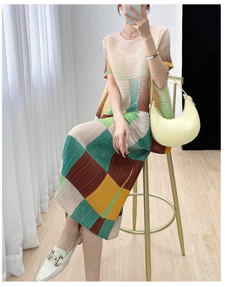 Miyake Pleated Color Block Printed Top and Skirt Set