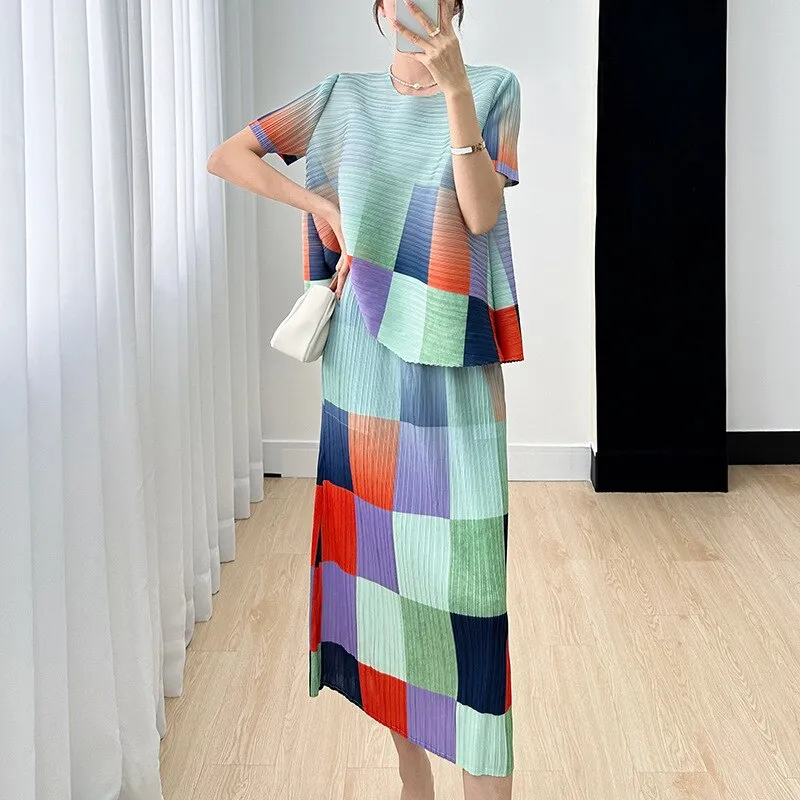 Miyake Pleated Color Block Printed Top and Skirt Set